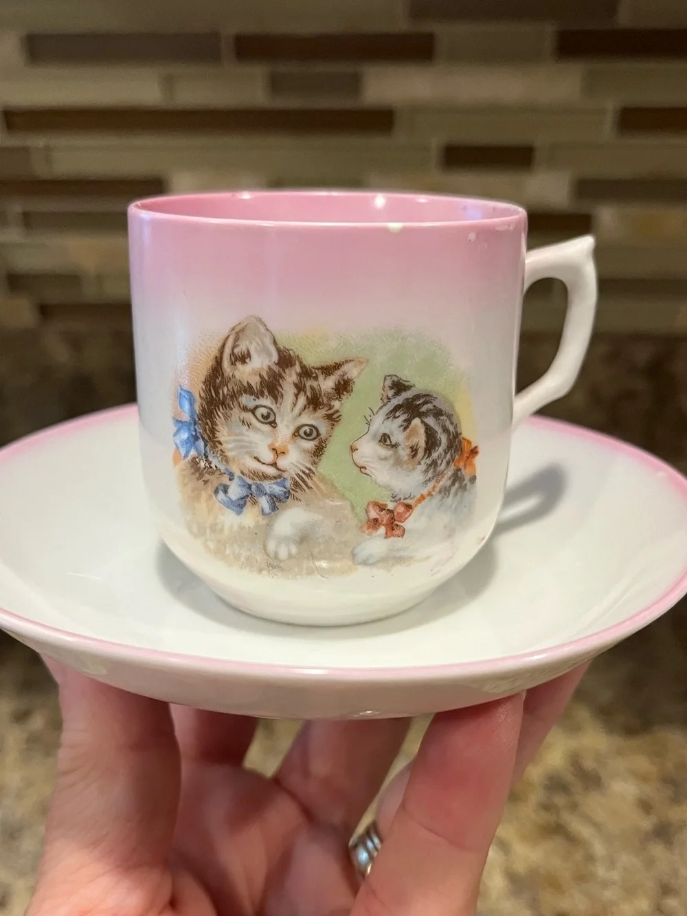 Vintage Pink Cat Demitasse Cup and Saucer Tabby Cats with Bows